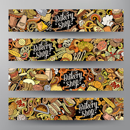Cartoon vector doodle set of Bakery corporate identity templates. Funny Bakehouse colorful banners designのイラスト素材