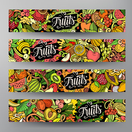Cartoon vector doodle set of Fresh Fruits banners templates. Corporate identity for the use on apps, branding, flyers, web design. Funny natural food colorful illustration.のイラスト素材