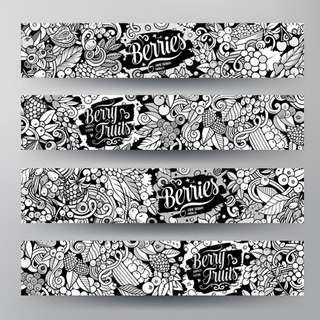 Cartoon vector doodle set of Berry Fruits banners templates. Corporate identity for the use on apps, branding, flyers, web design. Funny natural food sketchy illustration.のイラスト素材