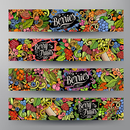 Cartoon vector doodle set of Berry Fruits banners templates. Corporate identity for the use on apps, branding, flyers, web design. Funny natural food colorful illustration.のイラスト素材