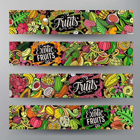 Cartoon vector doodle set of Tropical Fruits banners templates. Corporate identity for the use on apps, branding, flyers, web design. Funny natural food colorful illustration.のイラスト素材