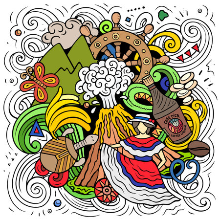 Vector funny doodle illustration with Costa Rica theme. Colorful design, capturing the essence of Central America culture and traditions through playful cartoon symbolsのイラスト素材