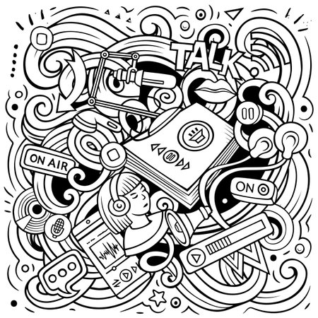 Audio content cartoon doodles illustration. Creative funny vector background. Podcasts, audiobooks, radio symbols, elements and objects. Sketchy compositionのイラスト素材