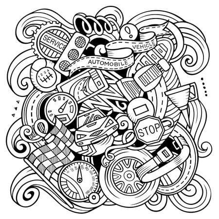 Auto Service cartoon vector illustration. Sketchy detailed composition with lot of Automotive objects and symbolsのイラスト素材