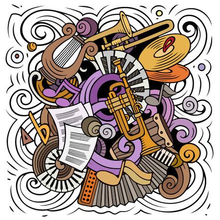 Cartoon vector doodles Classic music illustration. Colorful, detailed, with lots of objects background. Bright colors musical funny pictureのイラスト素材