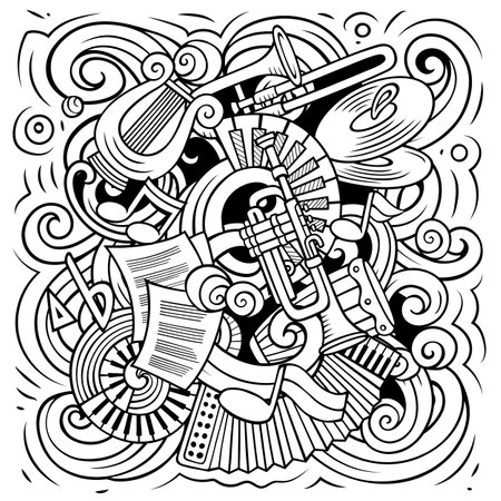 Cartoon vector doodles Classic music illustration. Line art, detailed, with lots of objects background. Sketchy musical funny pictureのイラスト素材