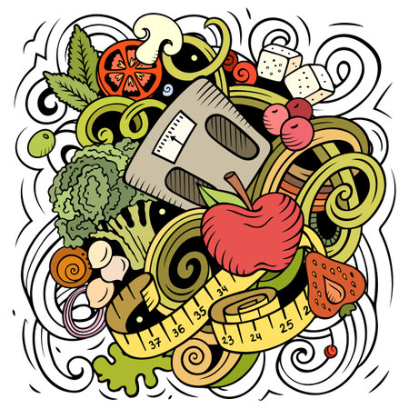 Cartoon vector doodles Diet food illustration. Colorful, detailed, with lots of objects background. All objects separate. Bright colors dietary funny pictureのイラスト素材