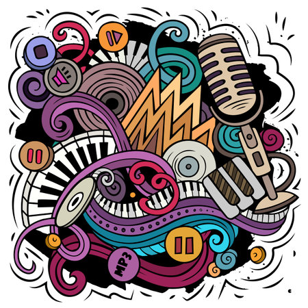 Cartoon vector doodles Disco music illustration. Colorful, detailed, with lots of objects background. All objects separate. Bright colors musical funny pictureのイラスト素材