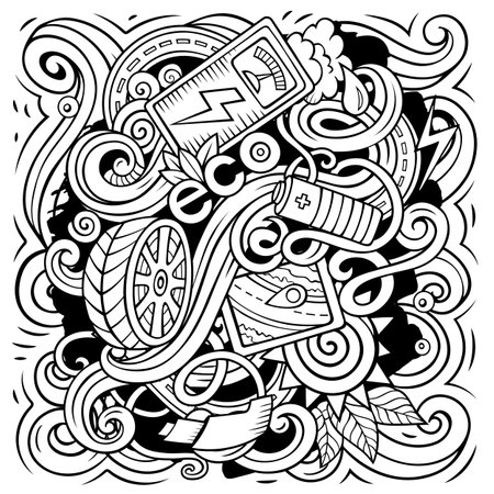 Electric Cars cartoon vector doodle design. Line art detailed composition with lot of eco transport objects and symbolsのイラスト素材