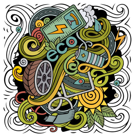 Electric Cars cartoon vector doodle design. Colorful detailed composition with lot of eco transport objects and symbolsのイラスト素材