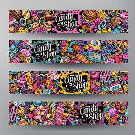 Cartoon vector doodle set of Candies corporate identity templates. Funny Sweet food colorful and line art banners designのイラスト素材