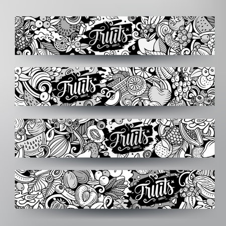 Cartoon vector doodle set of Fresh Fruits banners templates. Corporate identity for the use on apps, branding, flyers, web design. Funny natural food line art illustration.のイラスト素材