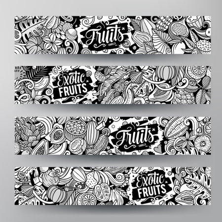 Cartoon vector doodle set of Tropical Fruits banners templates. Corporate identity for the use on apps, branding, flyers, web design. Funny natural food sketchy illustration.のイラスト素材