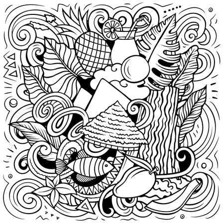 Bora-Bora cartoon doodle illustration. Creative funny vector background with French Polynesia elements and objects. Sketchy compositionのイラスト素材