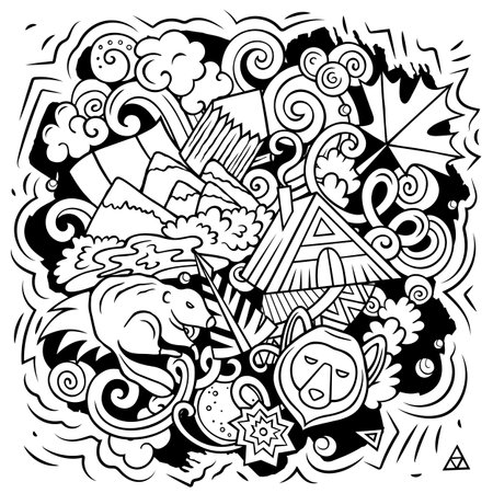 Canada cartoon doodle illustration. Funny Canadian design. Creative vector background with north America country elements and objects. Sketchy compositionのイラスト素材
