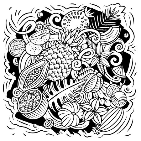 Exotic Fruits cartoon vector doodles illustration. Tropical food elements and objects background. Sketchy funny pictureのイラスト素材