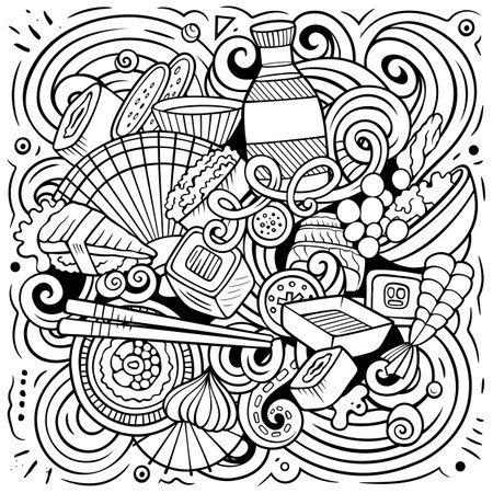 Cartoon vector Sushi doodle chalkboard illustration features a variety of Japanese Cuisine objects and symbols. Sketchy whimsical funny picture.のイラスト素材