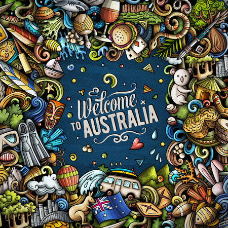 Australia cartoon doodle border illustration. Funny Australian frame design. Creative vector background with Oceania Country elements and objects. Colorful compositionのイラスト素材