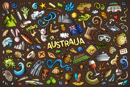 Cartoon vector doodle set of Australia traditional symbols, items and objectsのイラスト素材