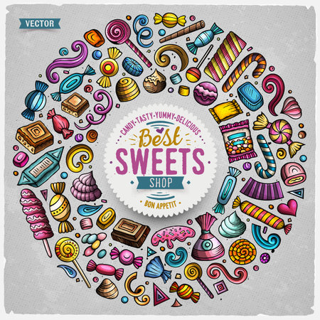 Colorful vector set of Candies cartoon doodle objects, symbols and items. Round frame cardのイラスト素材