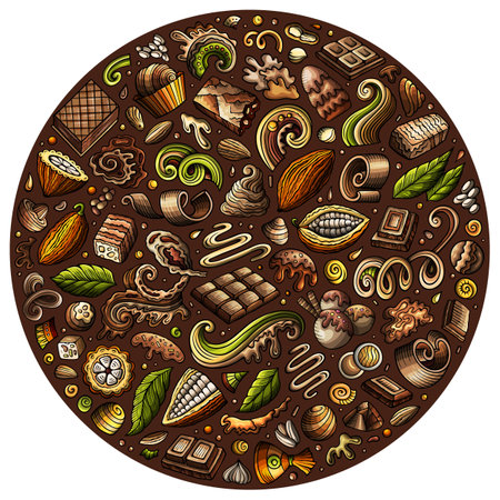 Colorful vector set of Chocolate cartoon doodle objects, symbols and items. Round compositionのイラスト素材