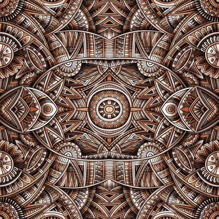 Abstract ethnic ornamental seamless pattern. Vintage Mocha Mousse background. Tribal square design for print on fabric, textile, greeting cards, phone cases, scarves, wrapping paperの写真素材