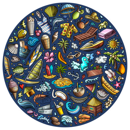 Set of Summer Beach cartoon doodle objects. Round compositionのイラスト素材