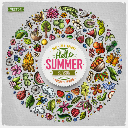 Set of Summer Nature cartoon doodle objects. Round frame compositionのイラスト素材