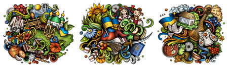 Ukraine cartoon vector doodle designs set. Colorful detailed compositions with lot of ukrainian objects and symbols. Isolated on white illustrationsのイラスト素材
