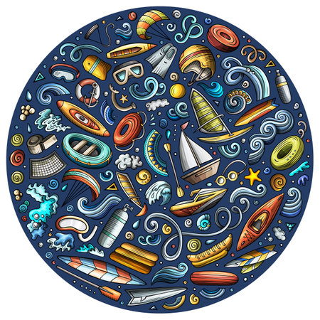 Set of Water Sport cartoon doodle objects. Round compositionのイラスト素材