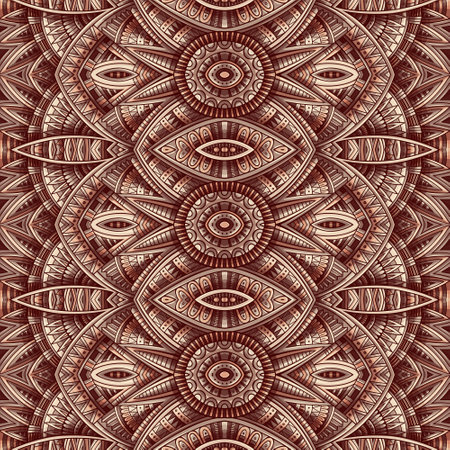 Abstract ethnic ornamental seamless pattern. Vintage Mocha Mousse background. Pantone colors of the year 2025 tribal square design for print on fabric, textile, greeting cards, phone cases, scarves, wrapping paperの写真素材