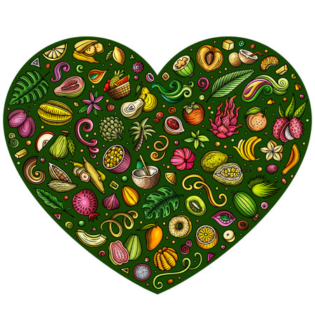Colorful vector set of Exotic Tropical Fruits cartoon doodle objects, symbols and items. Heart form compositionのイラスト素材
