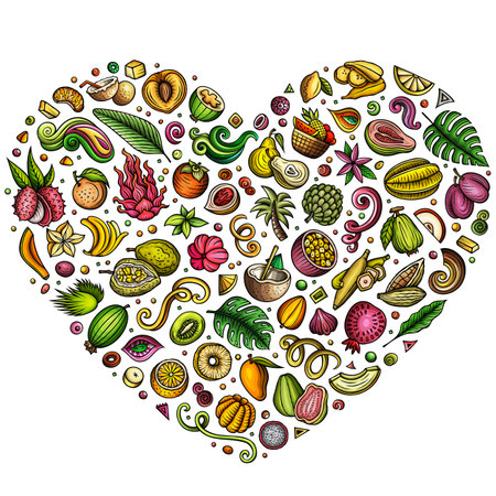 Set of Exotic Tropical Fruits cartoon doodle objects. Heart form compositionのイラスト素材