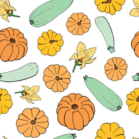 vector seamless pattern with pumpkins and zucchini. for fabric and paper design. design autumn harvest.のイラスト素材
