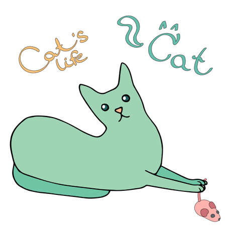 vector isolated multicolored cat. a set of toys for cats and cats. a set of funny cats for a positive design. funny cat caught a mouse.のイラスト素材