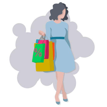 a girl in a blue dress buys gifts. a woman with bright packages from the store.のイラスト素材