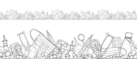 vector border with hand-drawn medicine doodles. seamless frame for decoration with a thermometer, enema, medical mask, tablets, vitamins, stethoscope, bottles, and plaster.のイラスト素材