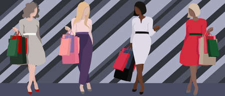 vector set of women with shopping. bright and contrasting illustrations of girls with packages from...