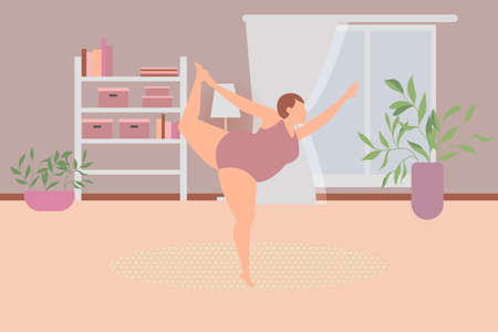 Vector flat illustration of yoga. The body of a positive American girl stands on one leg. A woman is in harmony with herself, her mental and physical health.のイラスト素材