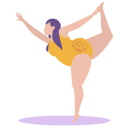 Vector flat illustration of yoga. The body of a positive American girl stands on one leg. A woman is in harmony with herself, her mental and physical health.のイラスト素材