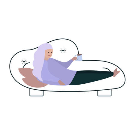 vector concept illustration in flat style. the girl is sitting on the sofa and drinking coffee. the woman remains at home in quarantine. stay at home.のイラスト素材