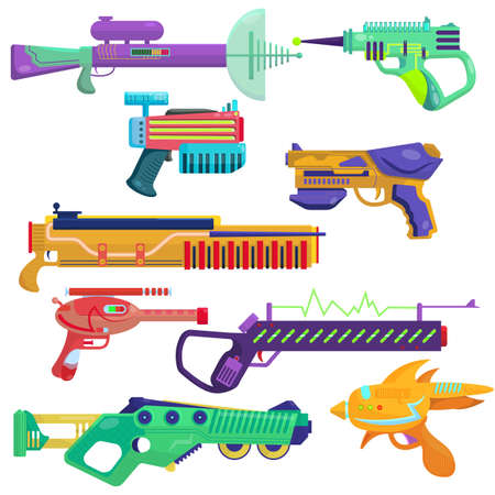Vector set of blasters. Bright blasters in a cartoon style. Colorful weapons for computer games. Children's guns to play with. alien energy weapons.のイラスト素材