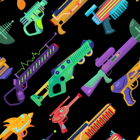 vector seamless pattern with blasters. beautiful conceptual illustration of children's toys. print for boys. futuristic weapons template.のイラスト素材