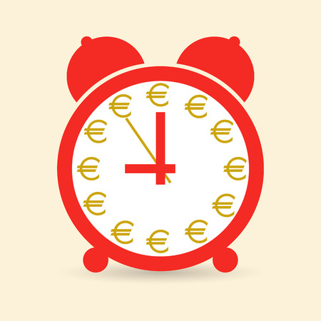 Business concept: Time is money. Vector image. Red alarm clock, which instead of numbers, Euro signs.のイラスト素材