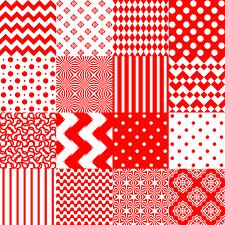 Set of seamless backgrounds with geometric print in red and white. Vector abstract image. Good background for wrapping paper and textiles. Festive red-white texture.  Patchwork.のイラスト素材