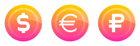 Set of buttons with signs dollar, Euro and ruble. Vector image. Colored buttons with currency signs: dollar, Euro, ruble . Icon.のイラスト素材