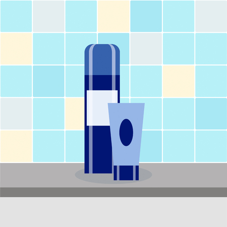 Shaving foam and after shave cream on the shelf against the wall tile. Flat design. Vector image.のイラスト素材