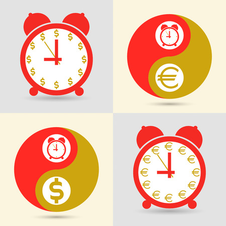 Time is money, business concept. Vector. Signs of the dollar and the Euro, alarm clock and Yin-Yang.のイラスト素材