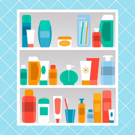 shelf in the bathroom, vector illustration. cosmetics, care products. flat style.のイラスト素材