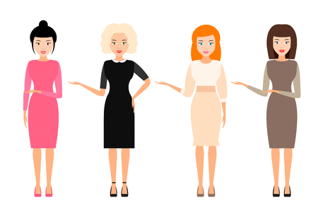 girls pointing hands on something. set, collection of icons or avatars. vector illustration.のイラスト素材